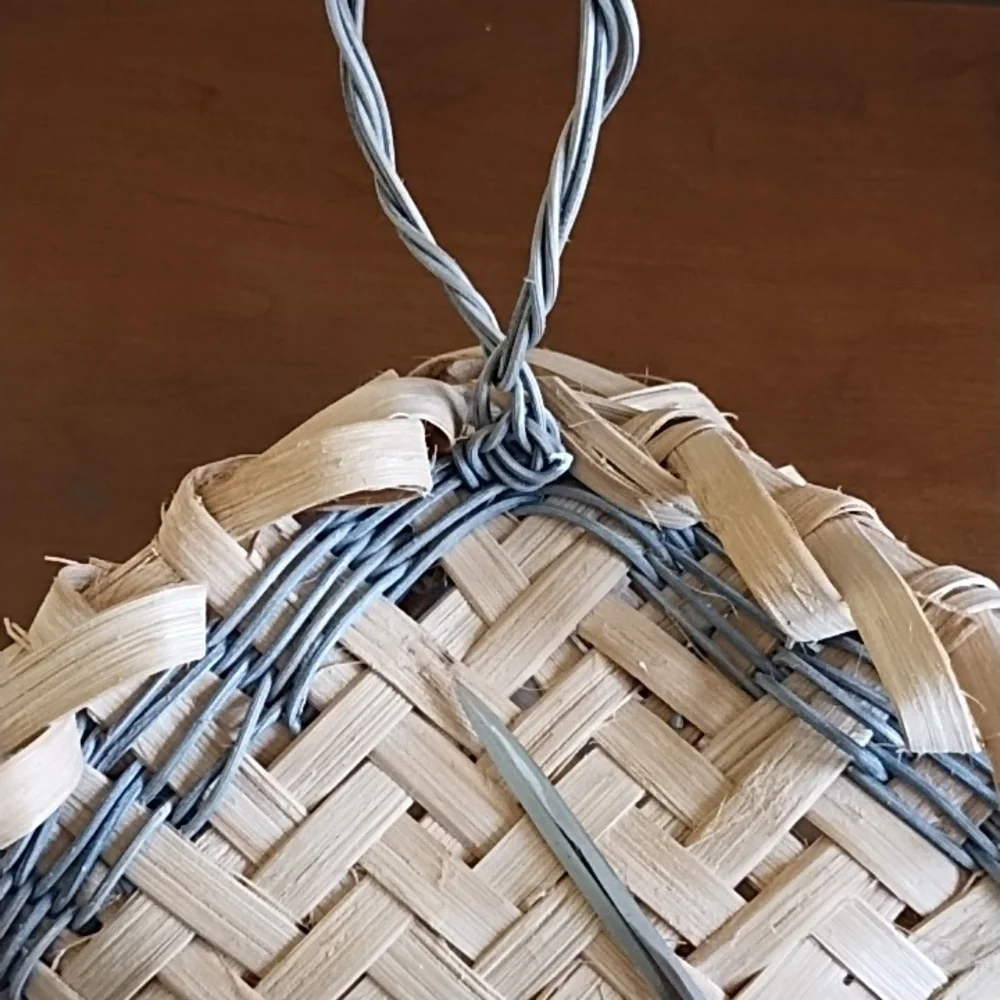 Hand Crafted Bamboo Basket Diamond Shape Mother's Day Gift Cottagecore Blue Trim